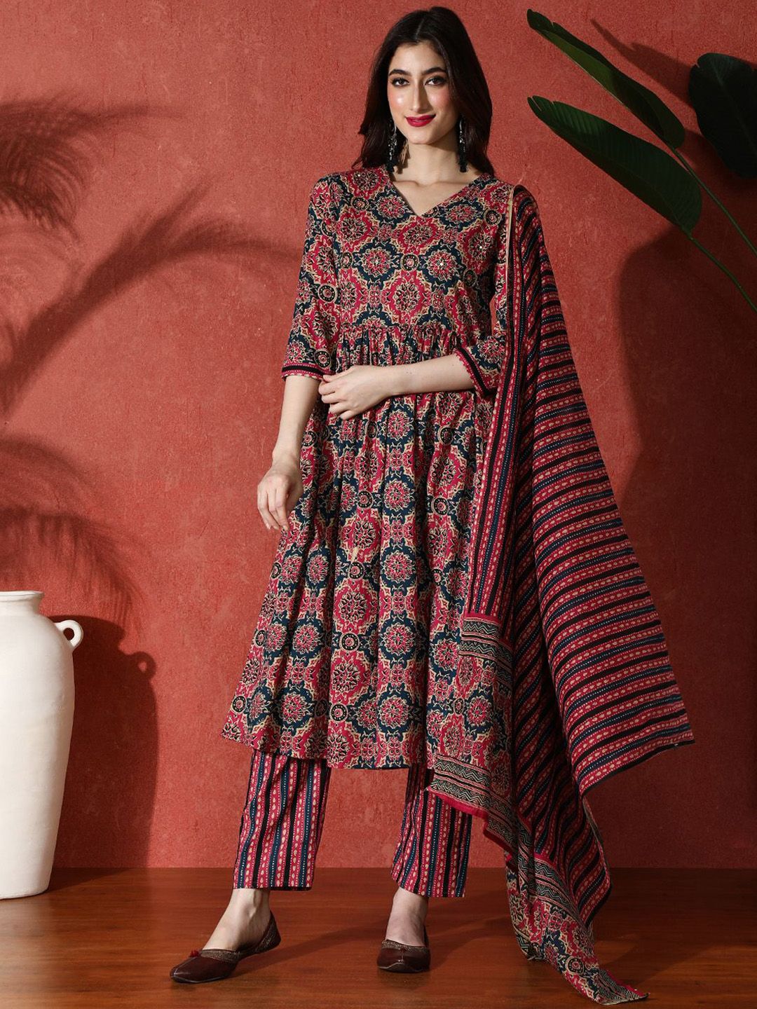 Indyancart SN Women's Embroidered Pure Cotton A-Line Kurta & Trousers With Dupatta