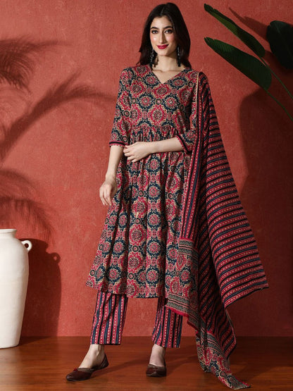 Indyancart SN Women's Embroidered Pure Cotton A-Line Kurta & Trousers With Dupatta