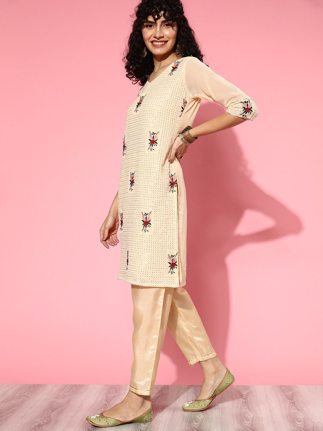 Indyancart IE Floral Embroidered Sequinned Kurta With Trouser & Dupatta