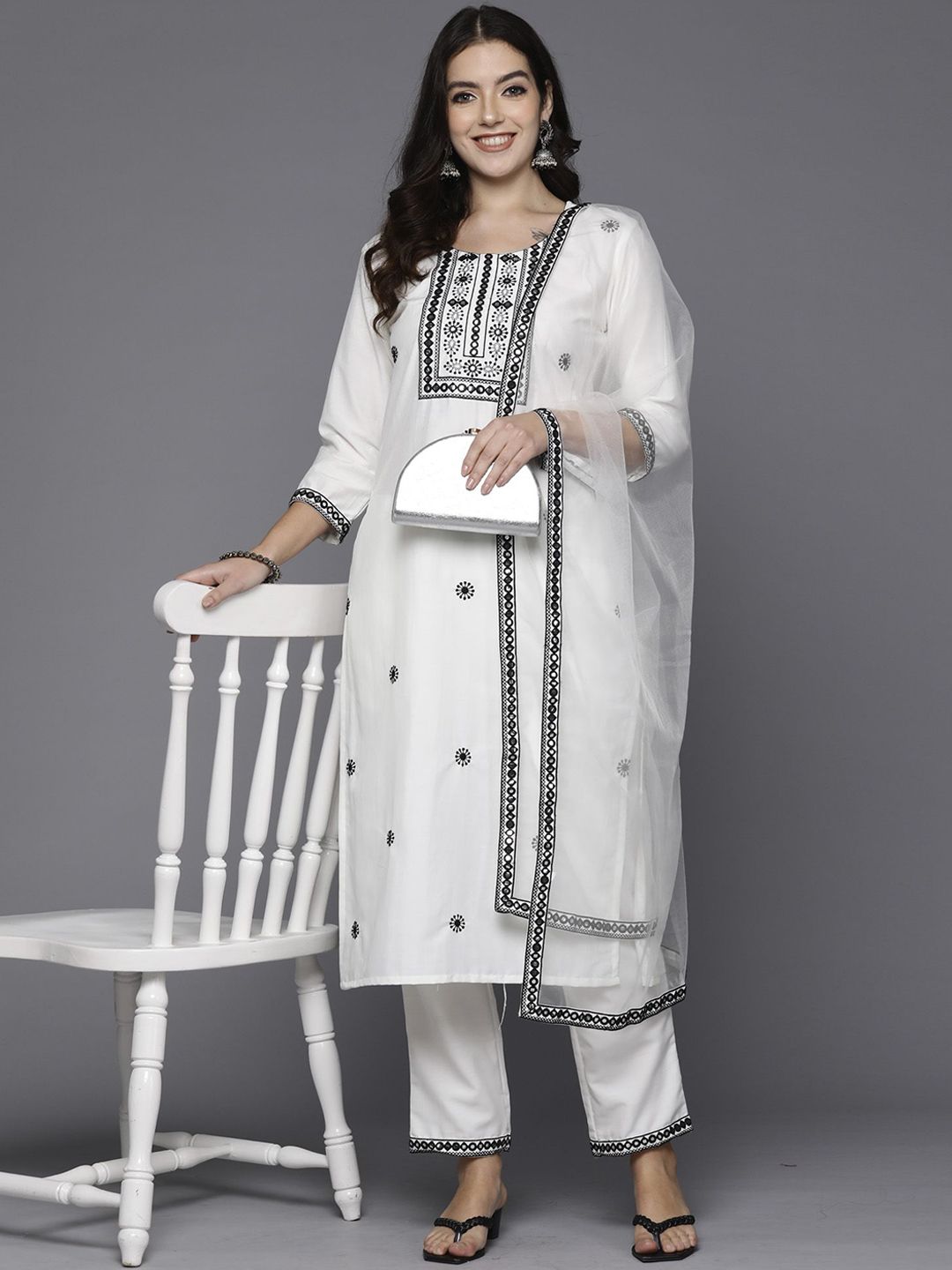 Dhiyona IE Ethnic Motifs Embroidered Regular Mirror Work Kurta with Trousers & Dupatta