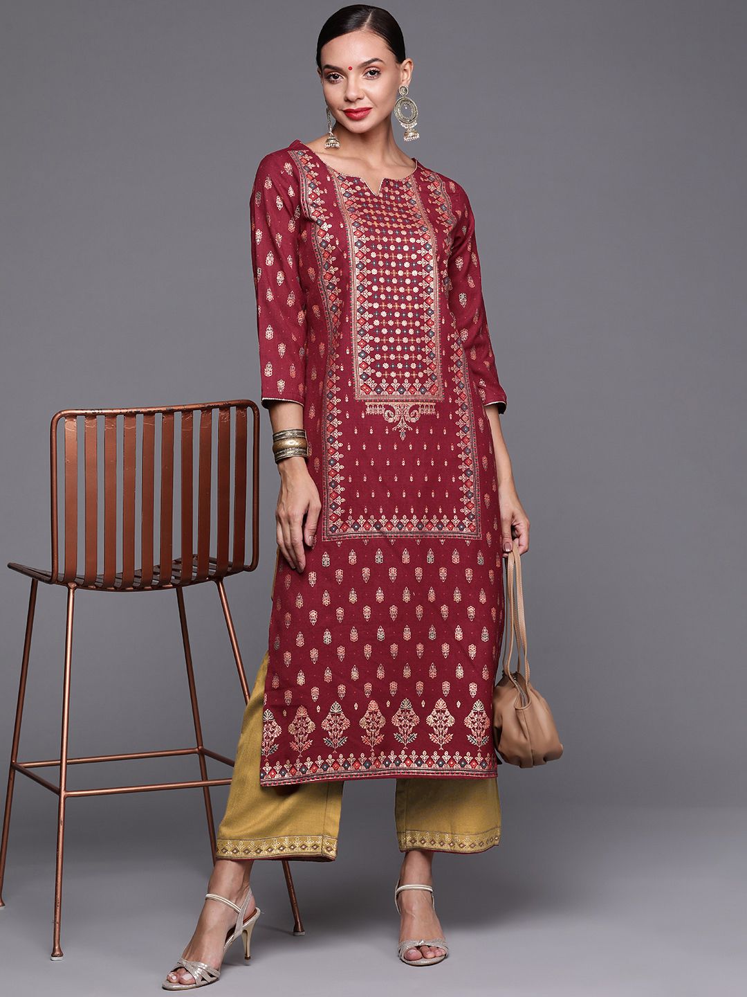 Indyancart IE Women Maroon Ethnic Motifs Printed Kurta with Palazzos