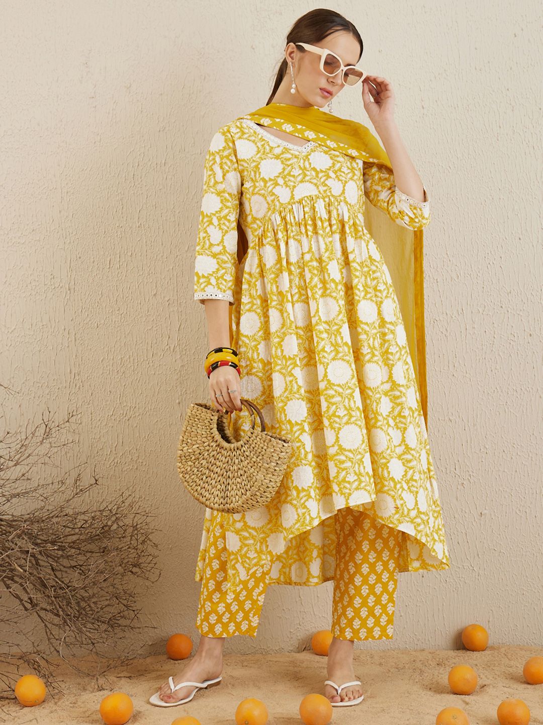 Dhiyona IE Floral Printed Mirror Work Pure Cotton A-Line Kurta with Trousers & Dupatta