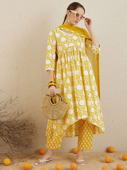 Dhiyona IE Floral Printed Mirror Work Pure Cotton A-Line Kurta with Trousers & Dupatta