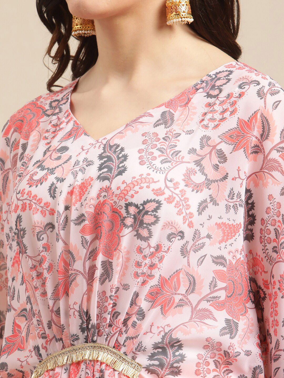 Dhiyona VA Women's Peach-Coloured Ethnic Motifs Printed Kaftan Kurta with Trousers