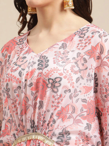 Dhiyona VA Women's Peach-Coloured Ethnic Motifs Printed Kaftan Kurta with Trousers