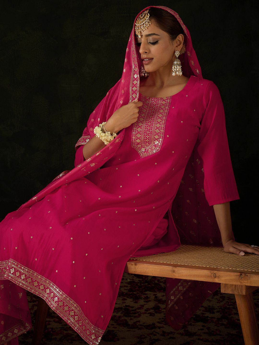 Women Ethnic Motifs Embroidered Regular Sequinned Kurta with Trousers & With Dupatta