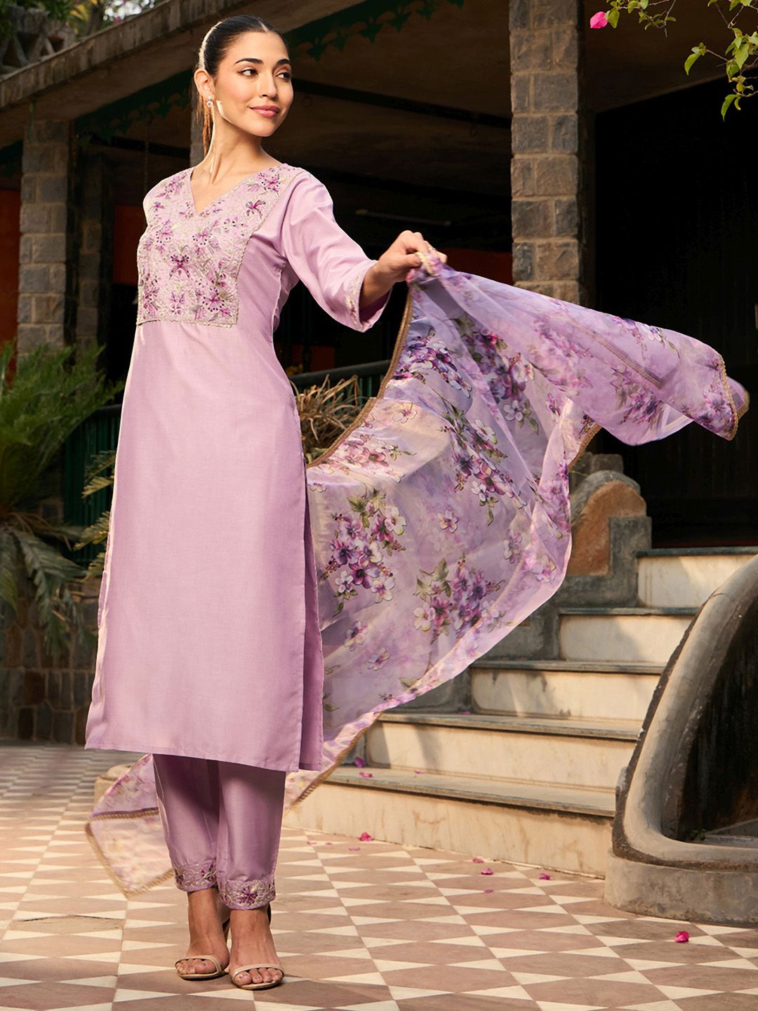 Indyancart IE V Neck Ethnic Motifs Embroidered Regular Kurta with Trouser & Dupatta