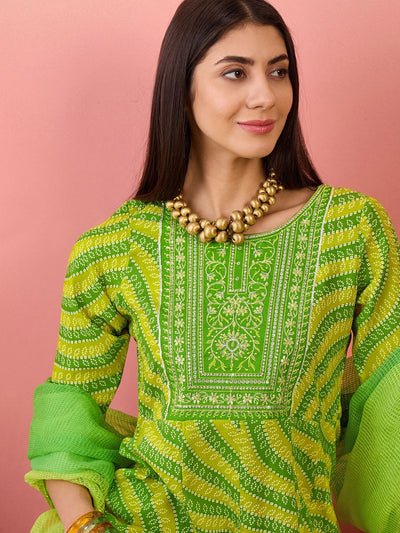 Indyancart SN Women's Green Bandhani Printed Sequinned Anarkali Kurta With Trouser & Dupatta