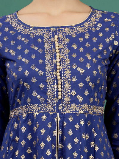 Indyancart SN Women's Blue Floral Embroidered Pure Cotton A-Line Kurta & Trousers With Dupatta