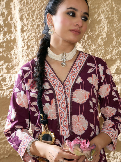 Floral Printed Pure Cotton V-Neck Straight Kurta With Trousers And Dupatta