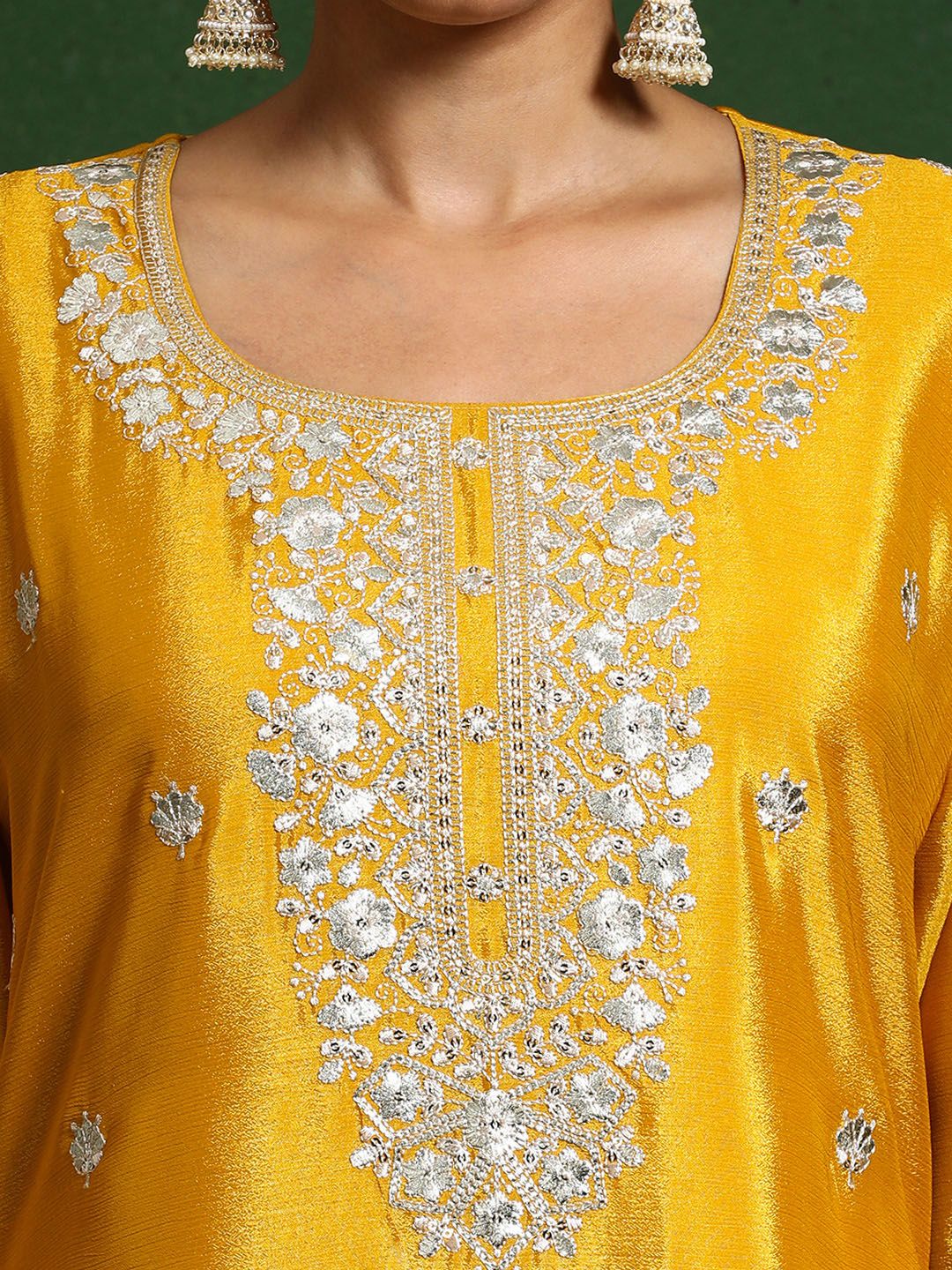Indyancart VA Floral Embroidered Zari Work Straight Kurta With Palazzos & Dupatta