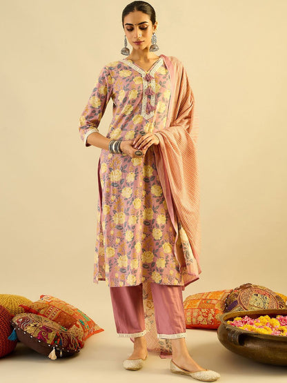 Dhiyona IE Floral Printed Pure Cotton Kurta With Trousers & Dupatta