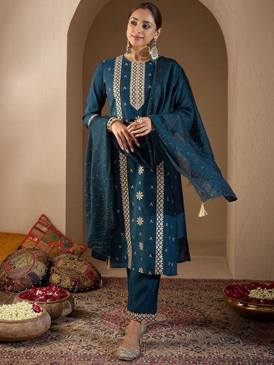Indyancart IE Women Ethnic Motifs Embroidered Regular Sequinned Kurta with Trousers & With Dupatta