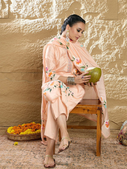 Women Floral Printed Regular Thread Work Kurta with Trousers & Dupatta