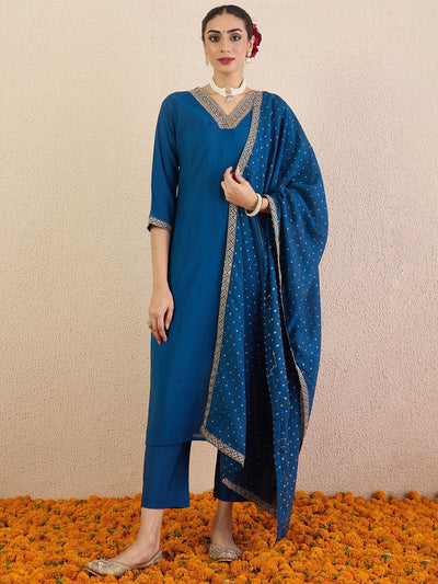 Indyancart IE Ethnic Motifs Embroidered Regular V-Neck Straight Kurta With Trousers & Dupatta