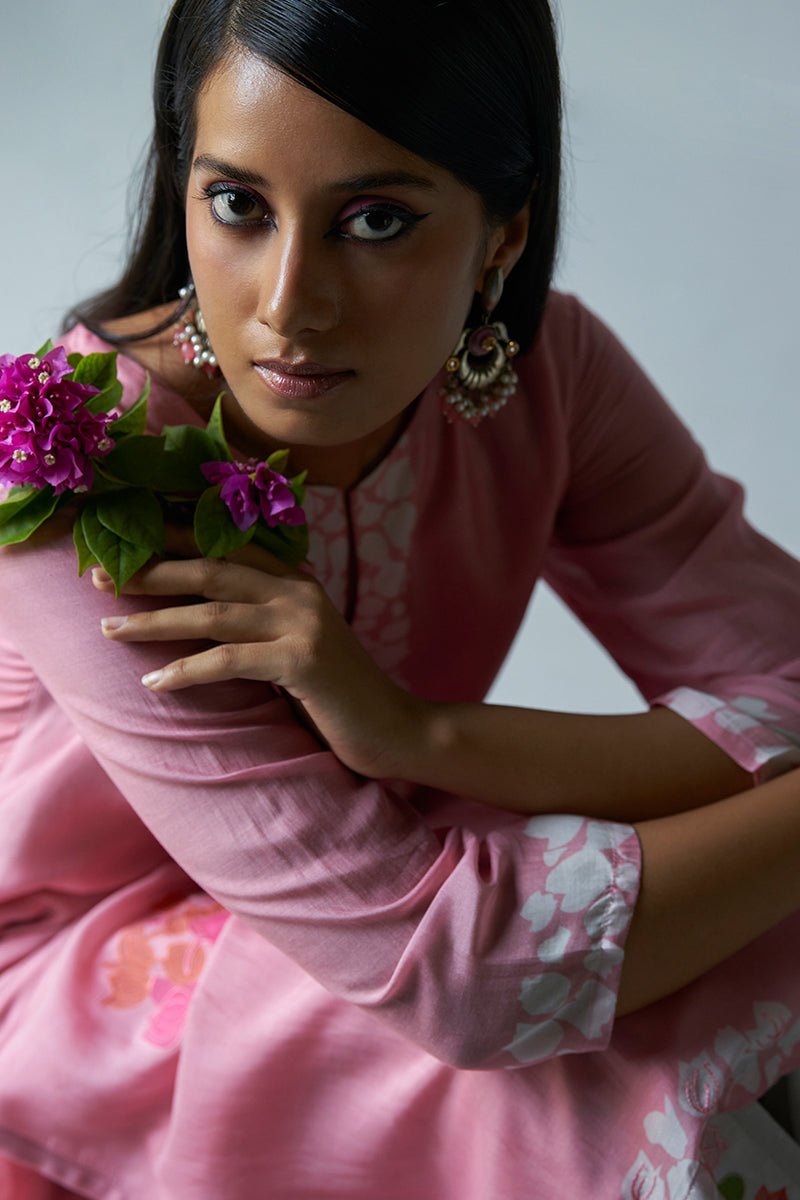 Women's Strawberry Ice Pink and Grey Bemberg Silk Salwar Suit With Delicate Embroidery Detailing