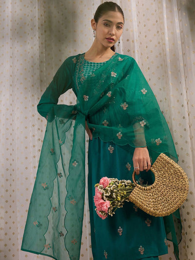 Indyancart IE Ethnic Motifs Embroidered Round Neck Straight Kurta with Trousers & Dupatta