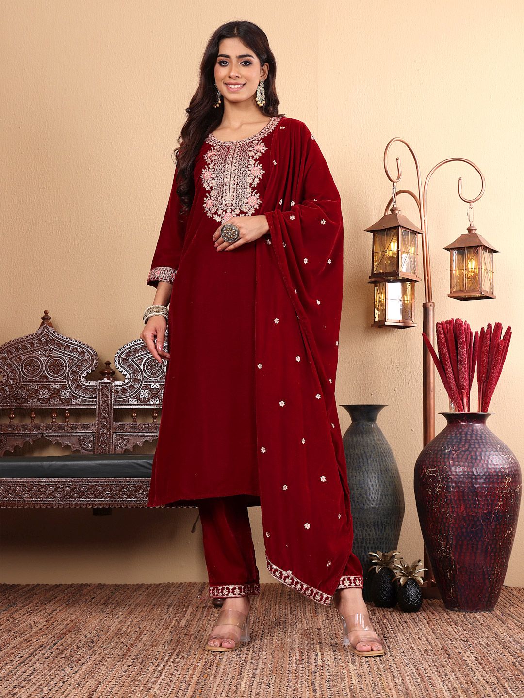 Indyancart VA Women'sMaroon Floral Yoke Design Sequinned Velvet Straight Kurta with Trousers & Dupatta