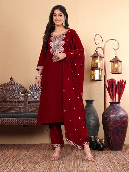 Indyancart VA Women'sMaroon Floral Yoke Design Sequinned Velvet Straight Kurta with Trousers & Dupatta