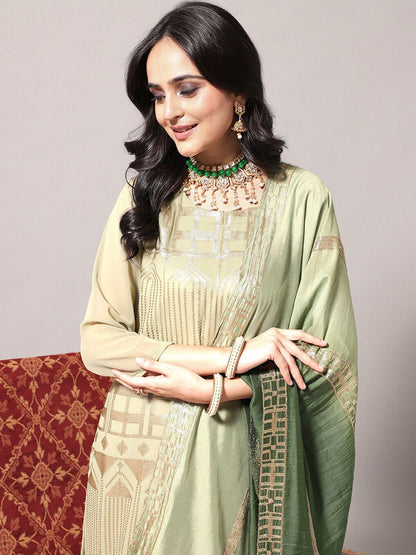 Indyancart VA Women's Geometric Embroidered Regular Sequinned Kurta With Trousers & Dupatta