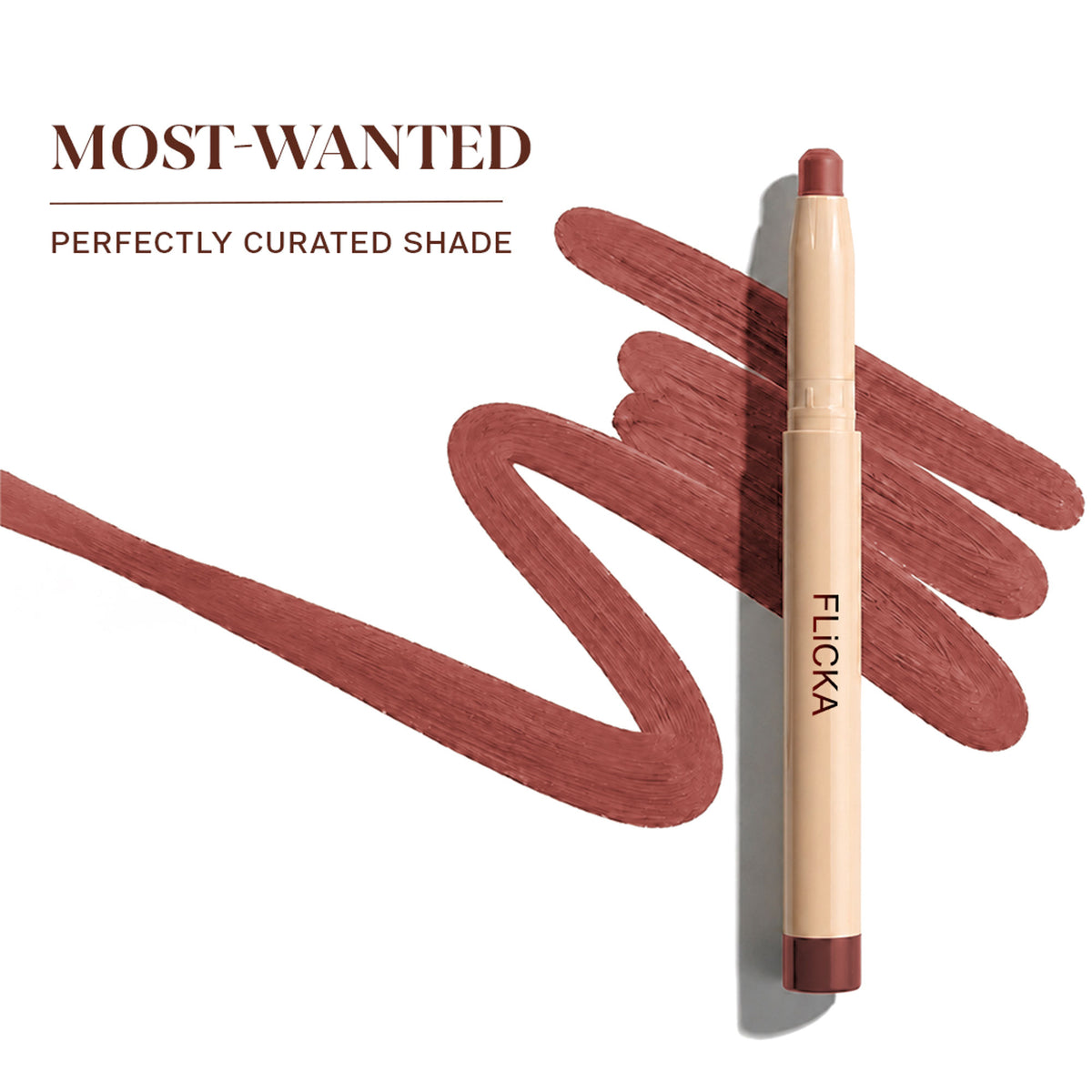 FLiCKA Standout Lipstick in Extra Hush with smudge-proof, creamy finish, shown in a close-up of the lipstick tube and swatch.