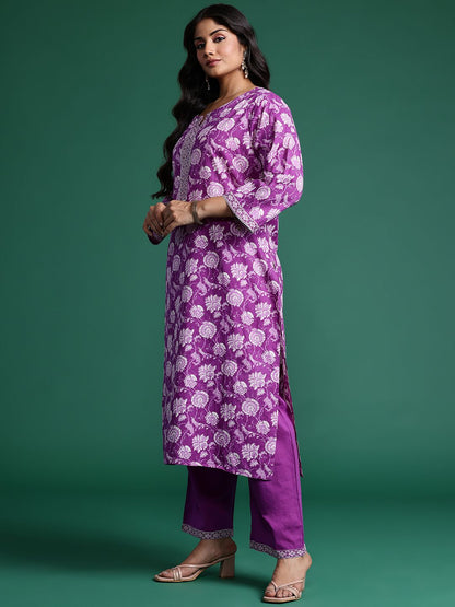 Indyancart Women's Plus Size Floral Printed Mirror Work Pure Cotton Kurta Set
