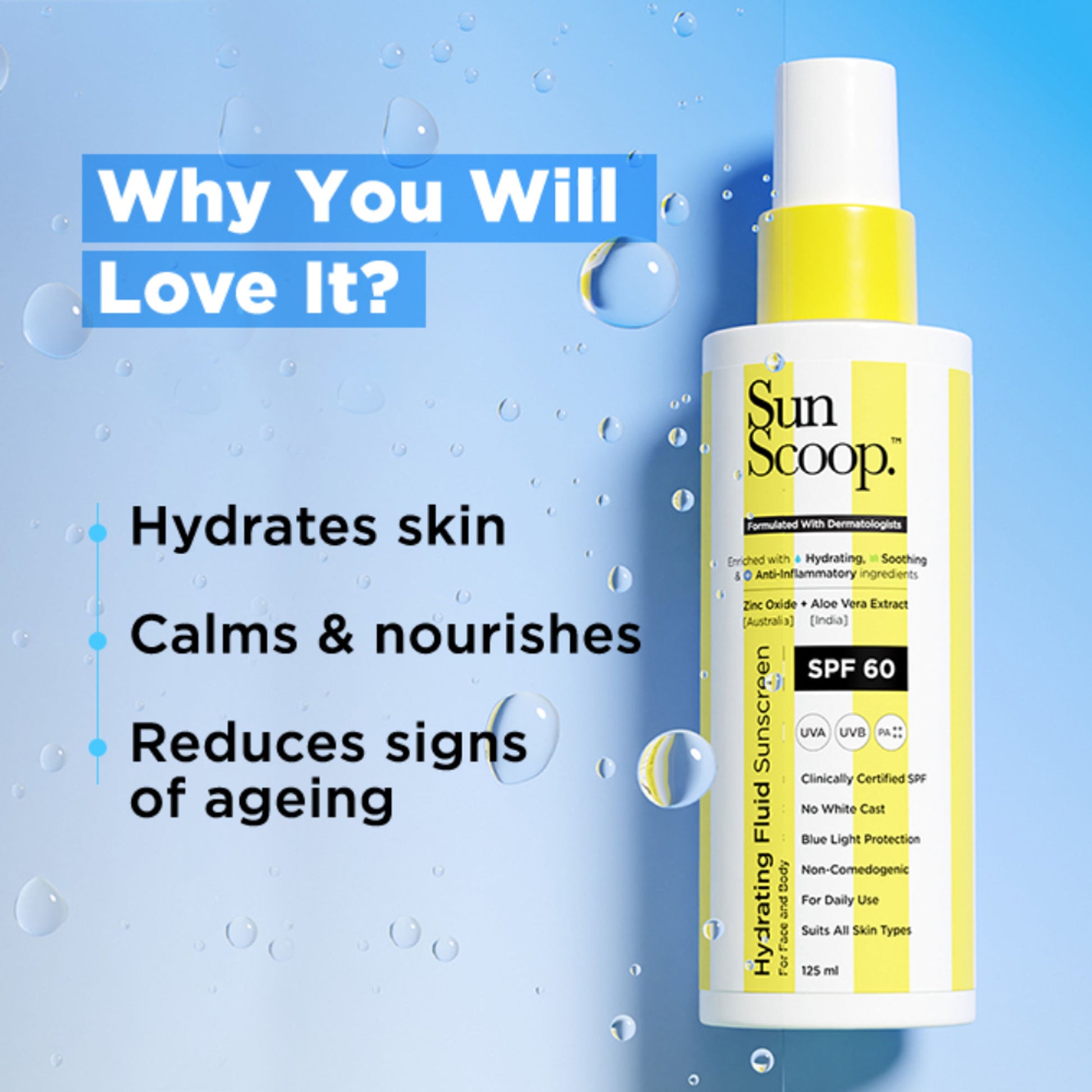 Sunscoop Hydrating Fluid Sunscreen for Face and Body SPF 60 PA++++ In-Vivo Tested Cooling Sensation