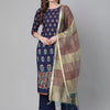 Indyancart IE Women Navy Blue & Green Foil Print Kurta with Palazzos & Dupatta