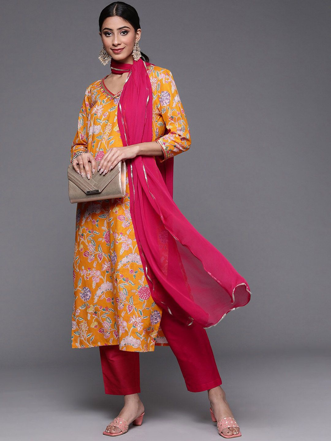 Indyancart VA Women's Yellow Printed Pure Cotton Kurta with Trousers & With Dupatta