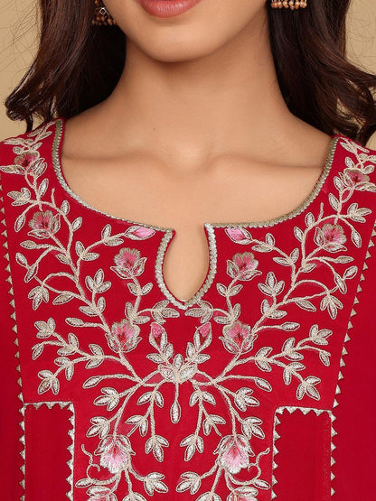 Indyancart VA Women's Floral Embroidered Silk Georgette A-Line Kurta with Trousers & Dupatta