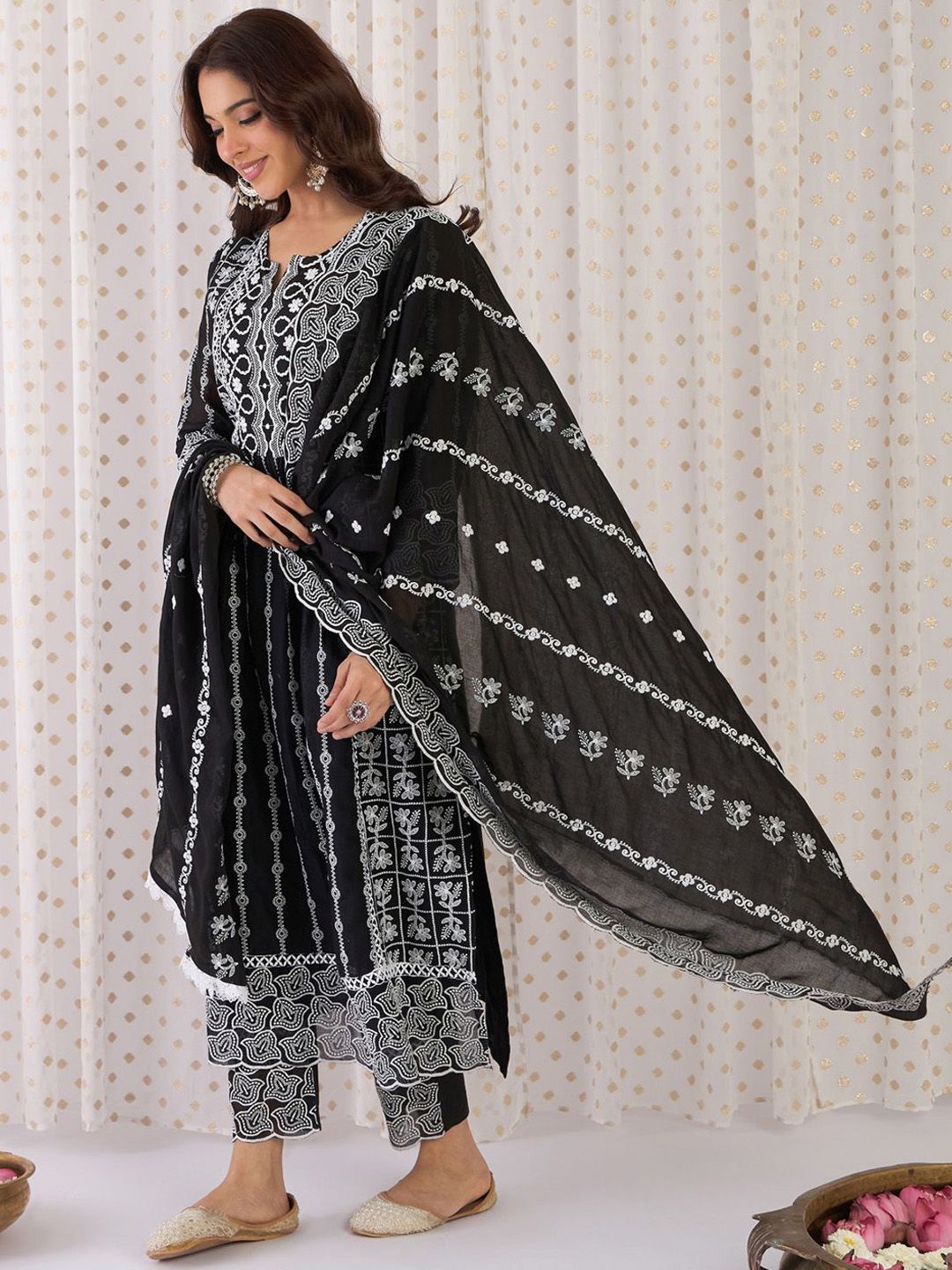 Floral Embroidered Notch Neck Pure Cotton A-Line Kurta With Trousers & Dupatta