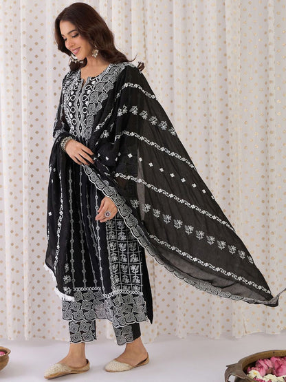 Floral Embroidered Notch Neck Pure Cotton A-Line Kurta With Trousers & Dupatta
