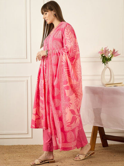 Floral Printed V-Neck Pleated Pure Cotton A-Line Kurta With Trousers & Dupatta