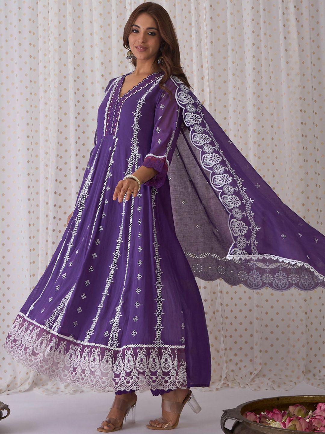 Ethnic Motifs Embroidered V-Neck Pure Cotton Kurta with Trousers & Dupatta