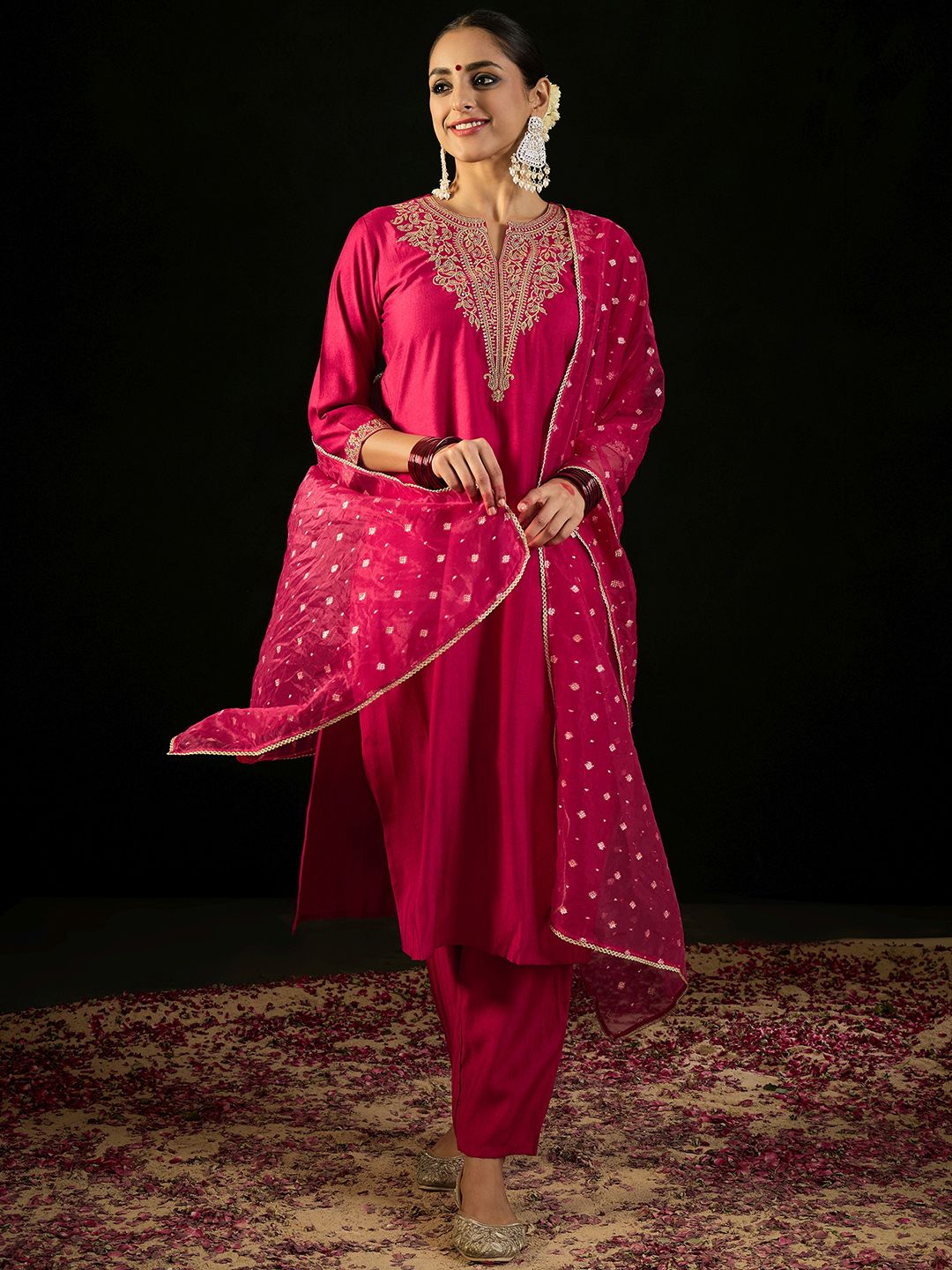 Indyancart IE Notched Neck Ethnic Motifs Embroidered Liva Kurta with Trouser & Dupatta