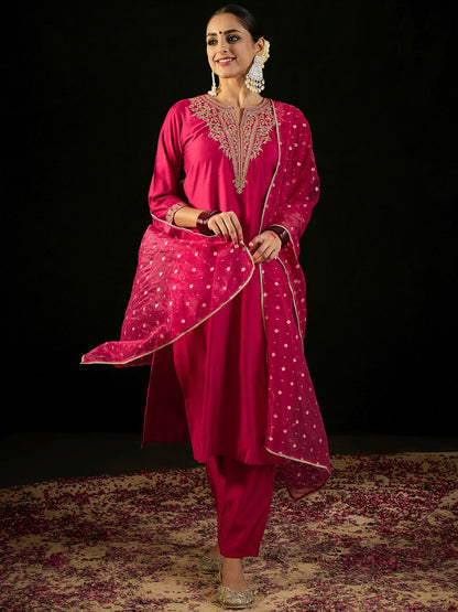 Indyancart IE Notched Neck Ethnic Motifs Embroidered Liva Kurta with Trouser & Dupatta