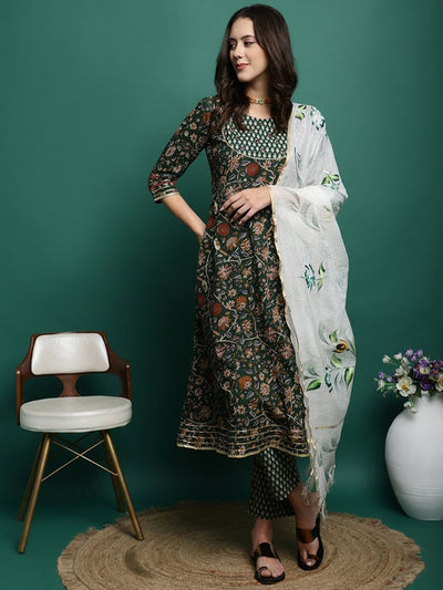 Indyancart SN Women's Floral Printed Pure Cotton A-Line Kurta With Trousers & Dupatta