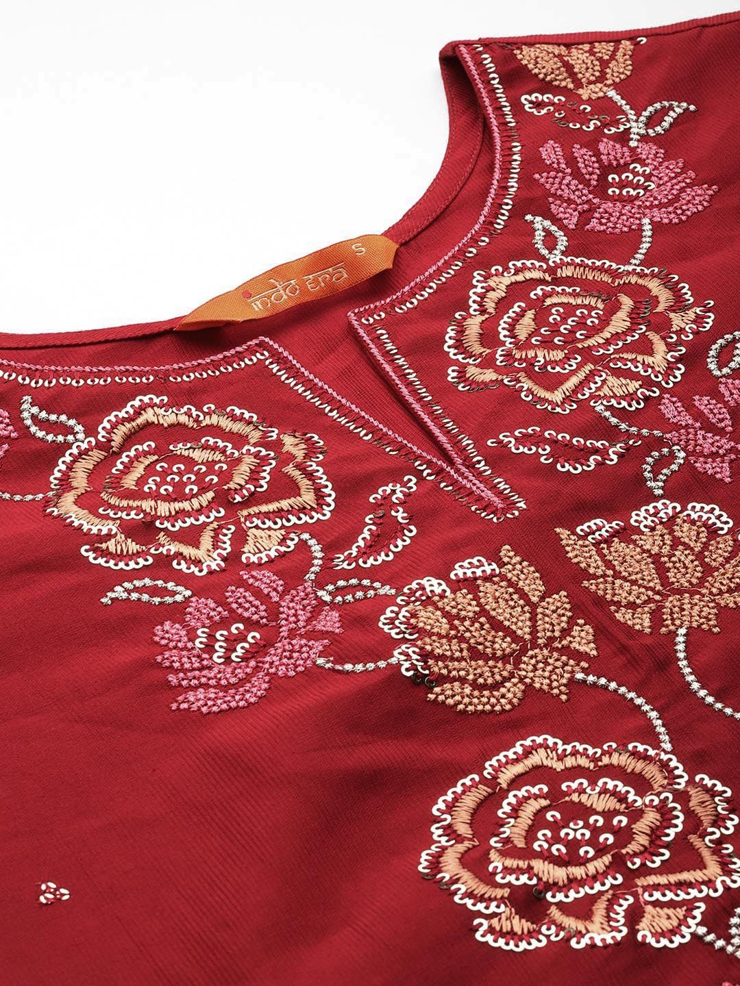 Dhiyona IE Women Floral Yoke Design Regular Sequinned Liva Kurta with Trousers & Dupatta