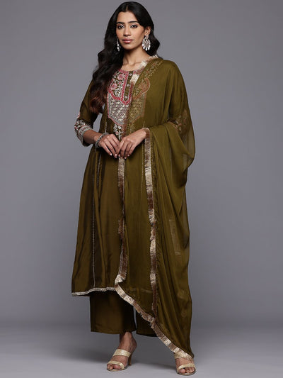 Indyancart VA Women'sFloral Embroidered Zari Panelled Kurta With Palazzos & Dupatta