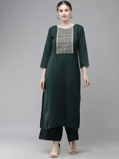 Indyancart IE Women Green Yoke Design Regular Pure Cotton Kurta with Palazzos