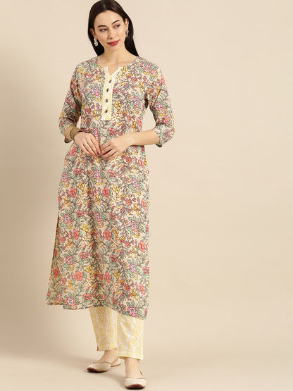 Dhiyona VA Women's Sea Green & Mustard Yellow Printed Kurta with Trousers