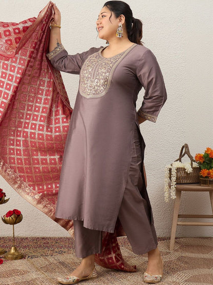 Indyancart Women's Ethnic Motifs Embroidered Regular Sequinned Kurta with Palazzos & With Dupatta