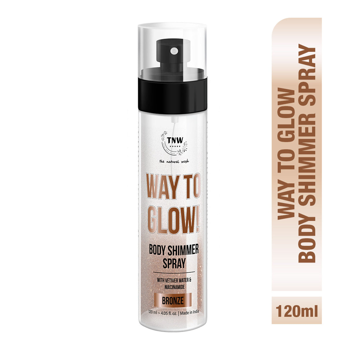 TNW The Natural Wash Glow Body Shimmer Spray with hydrating formula and skin texture improvement, shown in a sleek bottle.