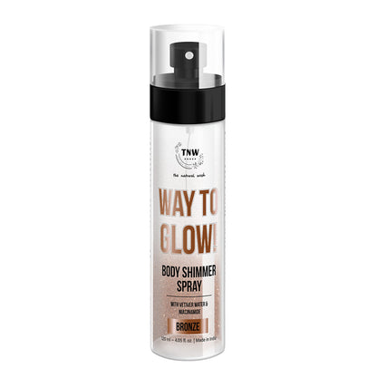 TNW The Natural Wash Glow Body Shimmer Spray with hydrating formula and skin texture improvement, shown on a model's arm.