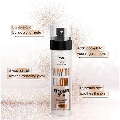 TNW The Natural Wash Glow Body Shimmer Spray with hydrating formula and improved skin texture, featuring a sleek spray bottle.