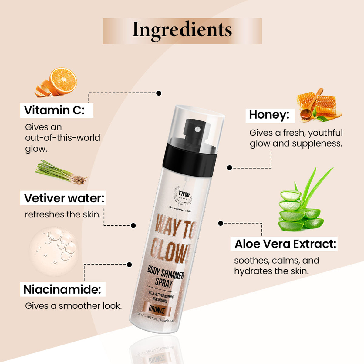 TNW The Natural Wash glow body shimmer spray with hydrating formula and improved skin texture, shown in a spray bottle.