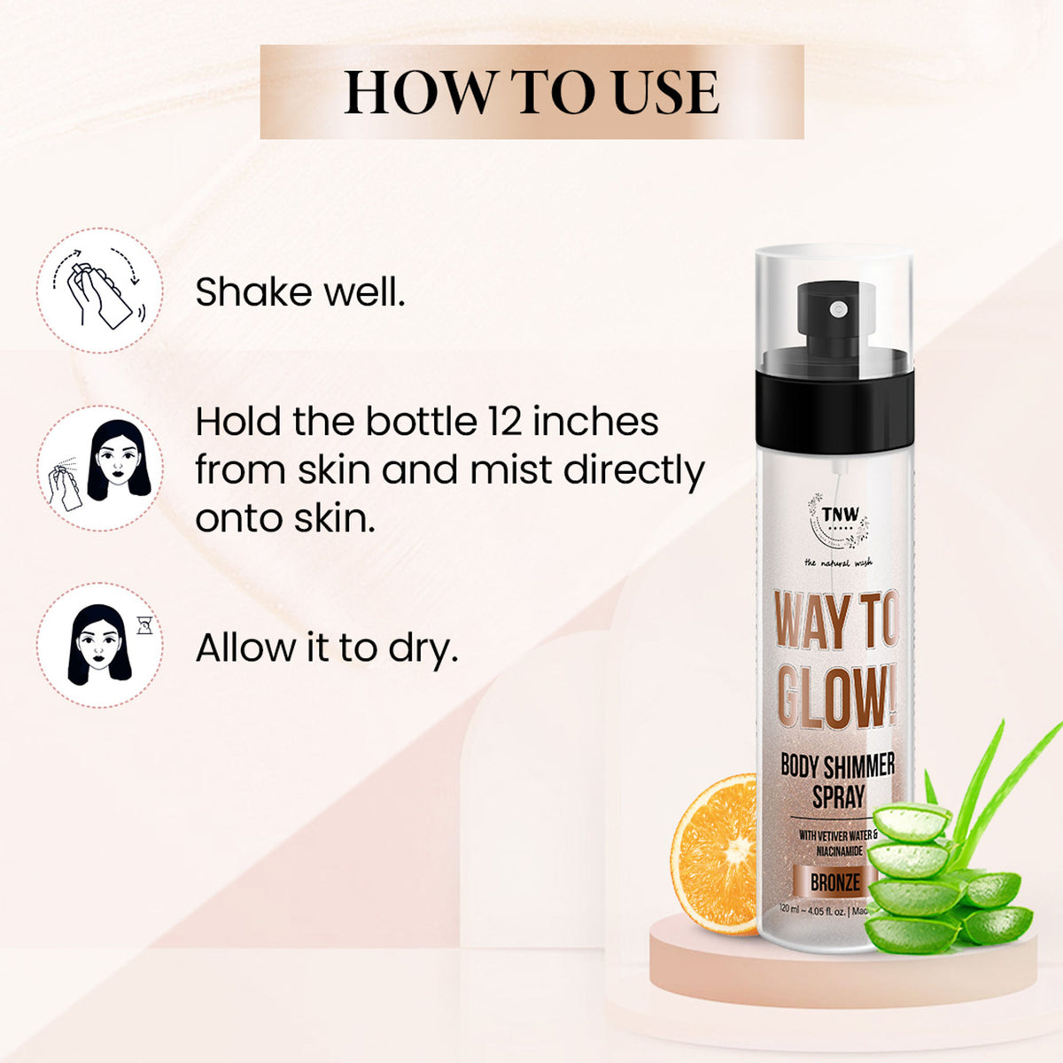 TNW The Natural Wash Glow Body Shimmer Spray with hydrating formula and skin texture improvement, shown in a spray bottle.