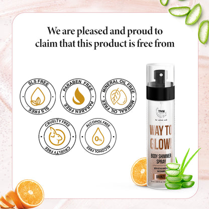 TNW The Natural Wash glow body shimmer spray with hydrating formula, showing a sparkling bottle and radiant finish on skin