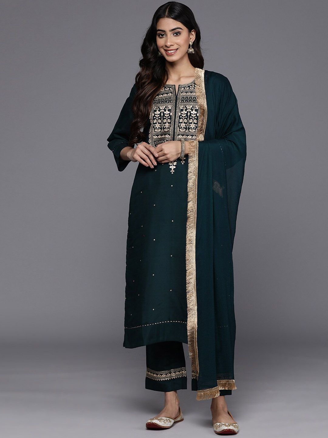 Indyancart VA Women'sGreen Ethnic Motifs Embroidered Straight Kurta With Trousers & Dupatta