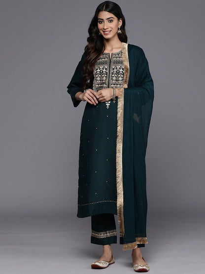 Indyancart VA Women'sGreen Ethnic Motifs Embroidered Straight Kurta With Trousers & Dupatta